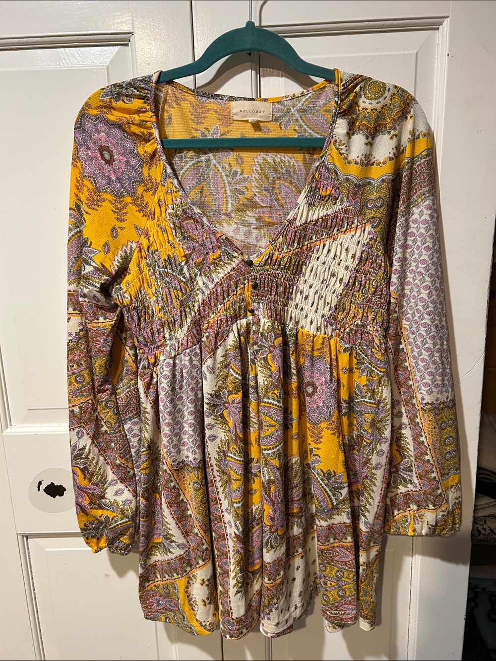 MELLODAY Yellow Paisley Smocked V-Neck Tunic with Purple and Cream Accents